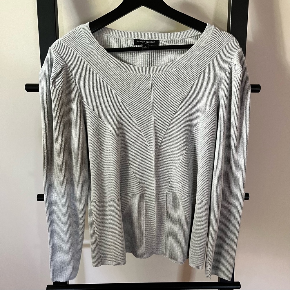 Banana Republic Gray Puff Sleeve Sweater Size L multi directional stripes